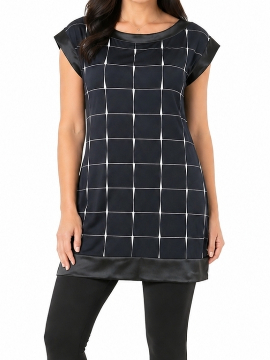 Express Tops - Express Stretch Knit Satin Trim Cap Sleeve Tunic Top Mini Dress Geometric…